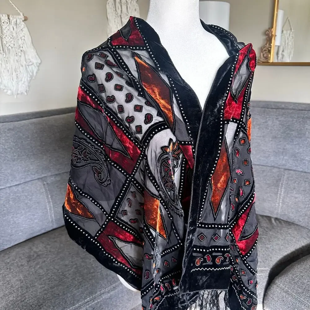 Vintage 90s Silk Velvet Art Deco Sheer boho shawl